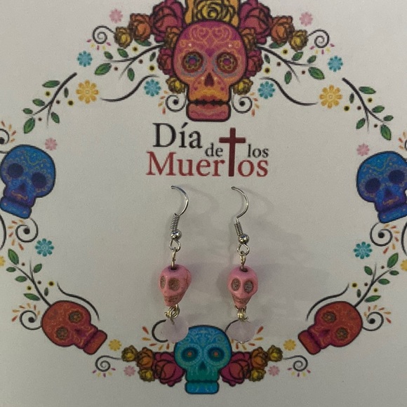 Handmade Pink Skull Earrings with bead dangle - Picture 2 of 2